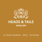 Heads & Tails placeholder card on mustard gold, white lion crest above the line "U.S. Nickel Necklace - Silver - 3D Render"