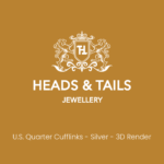 Heads & Tails placeholder card on mustard gold, white lion crest above the line "U.S. Quarter Cufflinks - Silver - 3D Render"
