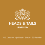 Heads & Tails placeholder card on mustard gold, white lion crest above the line "U.S. Quarter Hip Flask - Black - 3D Render"