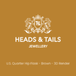 Heads & Tails placeholder card on mustard gold, white lion crest above the line "U.S. Quarter Hip Flask - Brown - 3D Render"