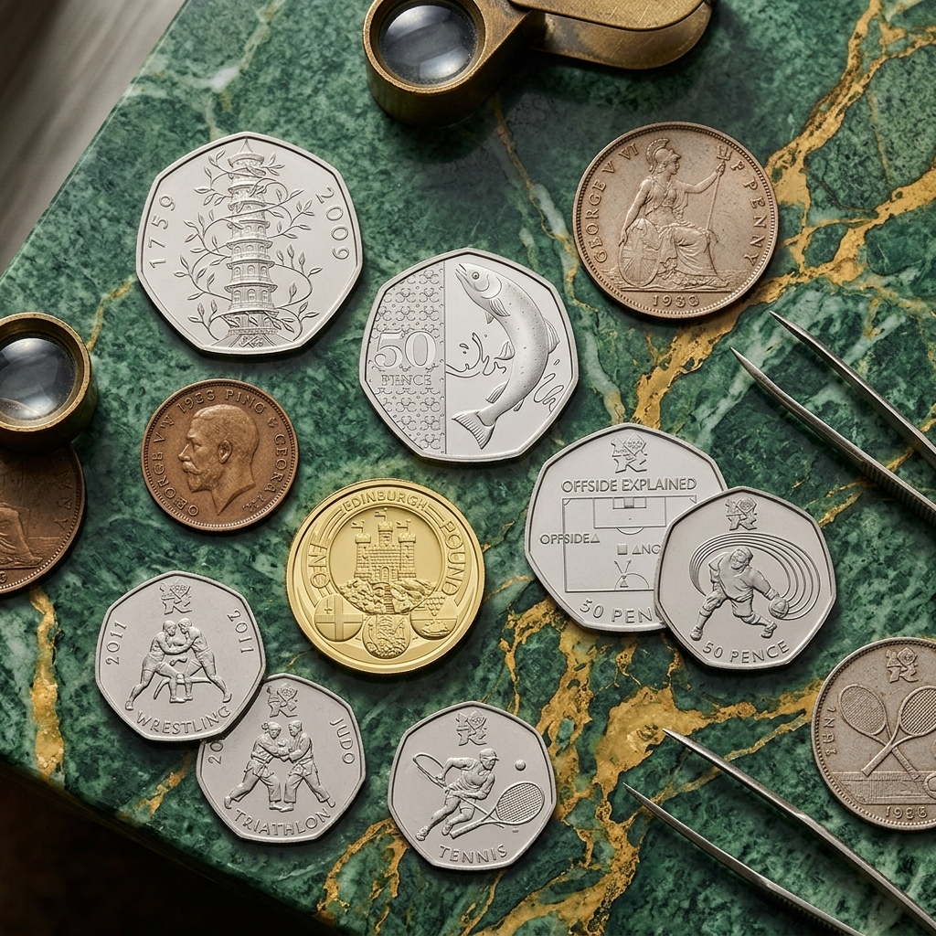 British coins on green marble, including a Kew Gardens 50p, Olympic 50p designs and two old pennies, with a loupe